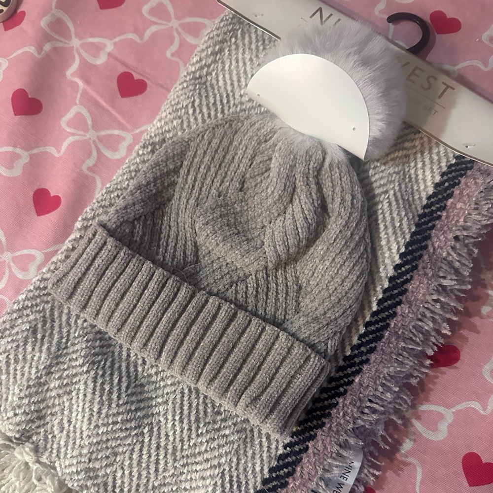Nine West Gray and Purple Beanie and Scarf Set